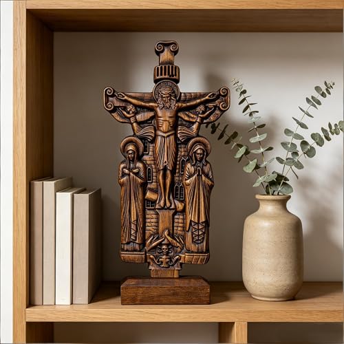 bgcarpenter 10-Inch Wooden Crucifix Cross with Stand – Handmade Beechwood