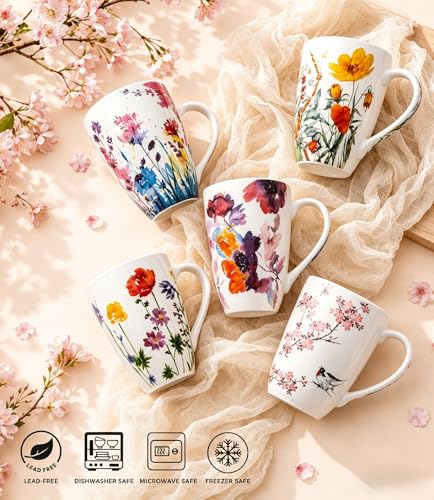 AmorArc Peach Blossom 18oz Ceramic Tea Mug with Infuser & Lid, Loose Leaf Steeper