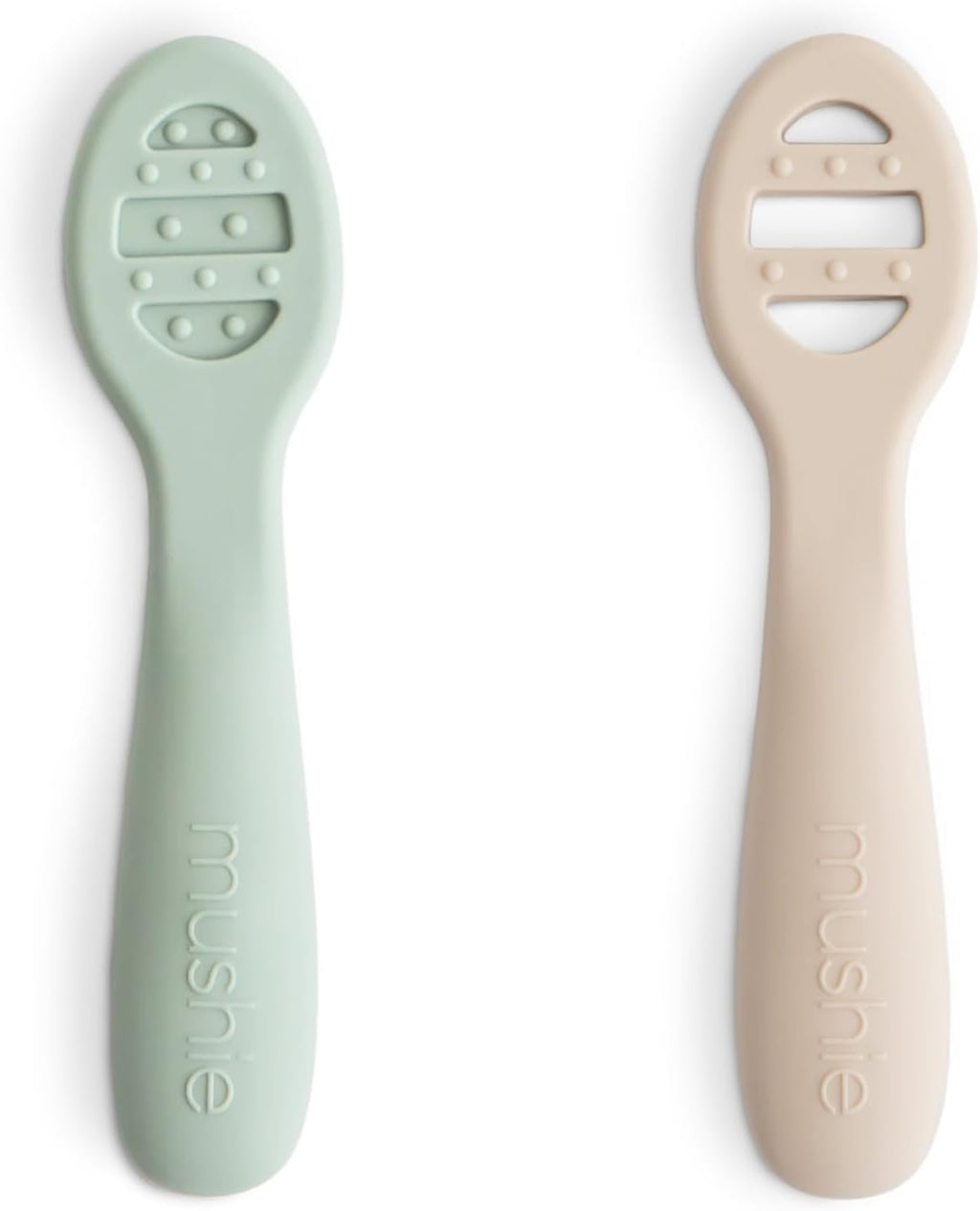 Mushie Silicone Baby Feeding Spoons - 2 Pack in Cambridge Blue & Shifting Sand