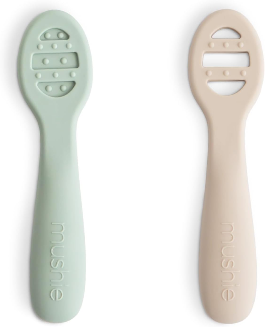 Mushie Silicone Baby Feeding Spoons - 2 Pack in Cambridge Blue & Shifting Sand