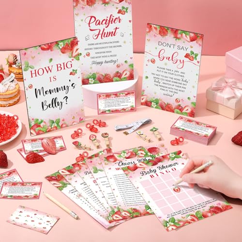 Sherr 476 Pcs Strawberry Baby Shower Games Set - Activities & Party Supplies, Red/Strawberry