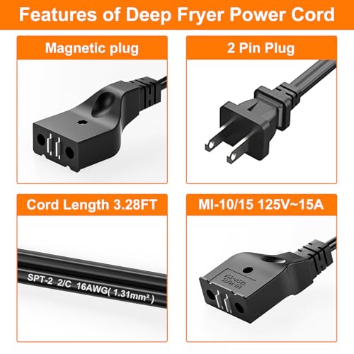 Electric Deep Fryer Magnetic Power Cord Replacement, 3.28ft 16AWG Flat Cable