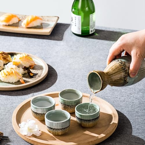 UNICASA Light Brown Japanese Sake Set of 5 - Ceramic Cups & 210ml Sake Bottle