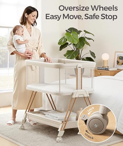 3-in-1 Bedside Sleeper Baby Bassinet - 7 Height Adjustable Crib with Wheels