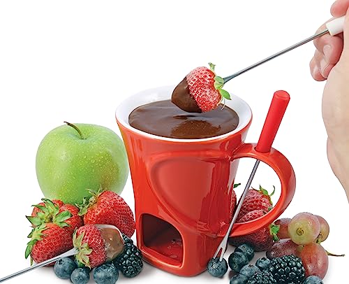 Swissmar Sweetheart 4-Piece Red Fondue Mug Set – Includes Mug, 2 Forks & Tea Light