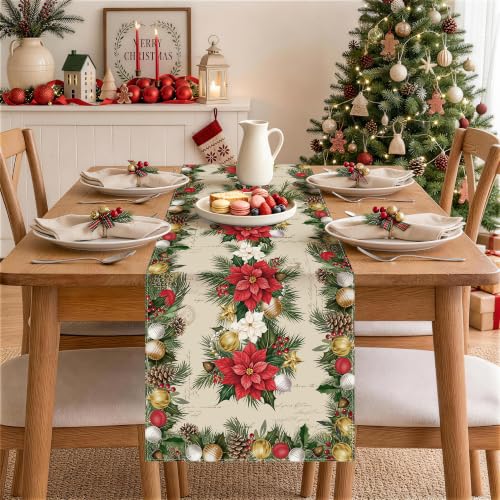 Bonhause Christmas Poinsettia Table Runner 13x72 Inch Holiday Decor, Red & Green