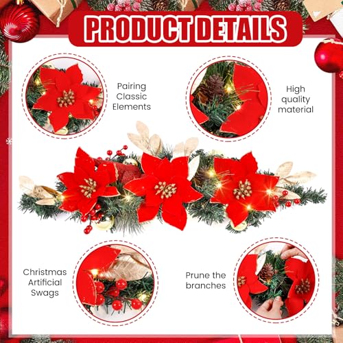 30-Inch Pre-Lit Christmas Window Swags with Red Poinsettias - 4 Pack