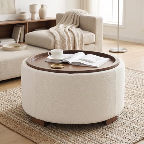 30-Inch Round Boucle Storage Ottoman with Lift-Off Lid - Beige