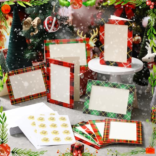 Motiskyy Christmas Plaid Photo Frame Greeting Cards Set with Envelopes, 100 pcs