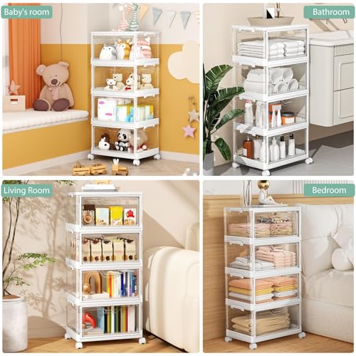 4-Tier Stackable Plastic Storage Bins with Magnetic Doors and Wheels