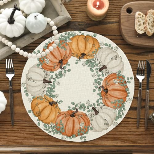 Artoid Mode Pumpkin Eucalyptus Round Fall Placemats Set of 4 - 14 Inch Beige & Orange