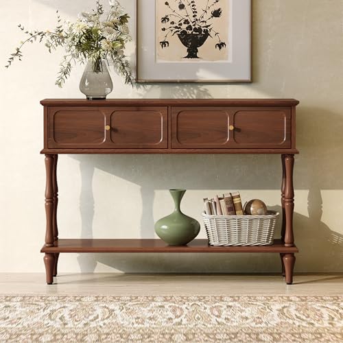 47-Inch Mid-Century Console Table with 2 Drawers and Open Shelf, Brown