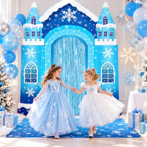 YLOLUL Wonderland Castle Arch Door Banner Set - Blue Snowflake Winter Wonderland Theme for Girls Birthday & Christmas Party