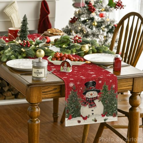 Artoid Mode Snowman Christmas Table Runner 13 x 60 in, Red