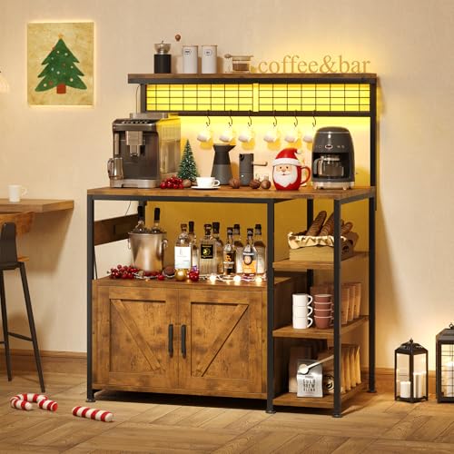 Kitchen Bakers Rack with Power Outlet, LED Light, and Storage Cabinet