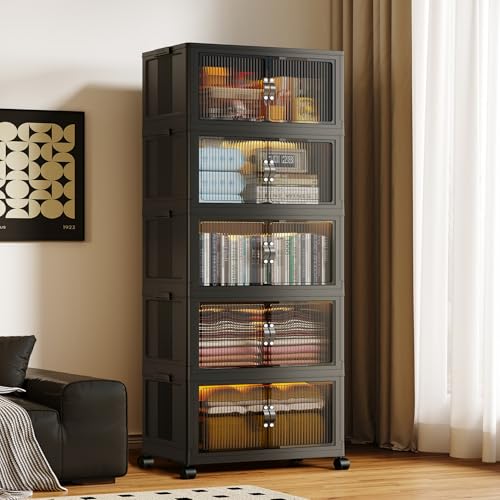 Stackable Storage Bins 5-Pack Cabinet with Lids and Open-Front Access