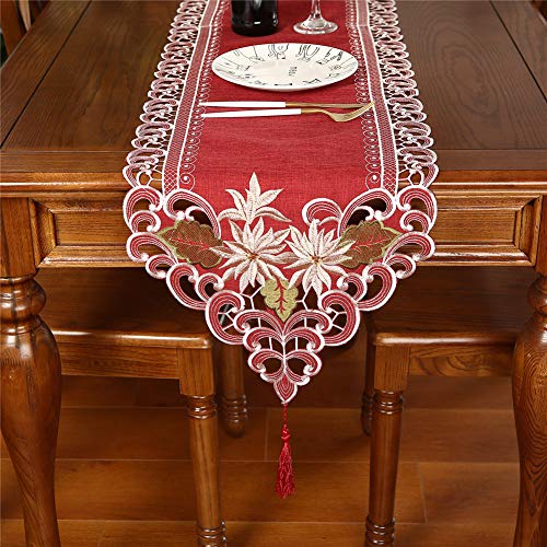 Red Embroidered Christmas Table Runner 15x69 Inch for Holiday Decor