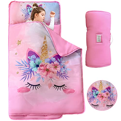 Pink Unicorn Toddler Nap Mat with Removable Pillow and Blanket for Daycare