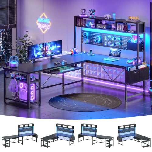 SEDETA 67-Inch L-Shaped Gaming Desk with Power Outlet, Pegboard & LED Lights - Black with Power Outlet and Pegboard