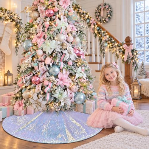 Ivarunner Iridescent White 48 Inch Christmas Tree Skirt Sparkly Sequin Xmas Decor