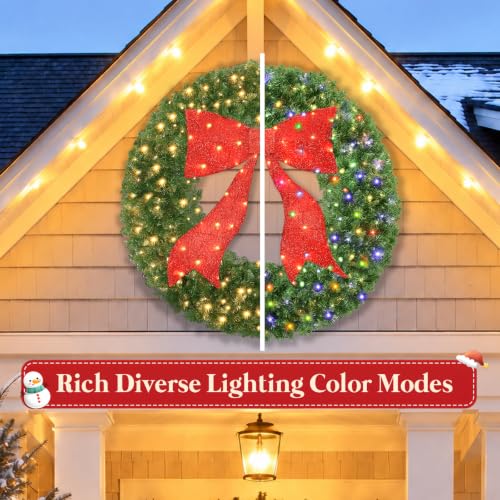 RABESAMDY 36 Inch Artificial Christmas Wreath with Dual-Color LED Lights & Red Bow, 10 Modes