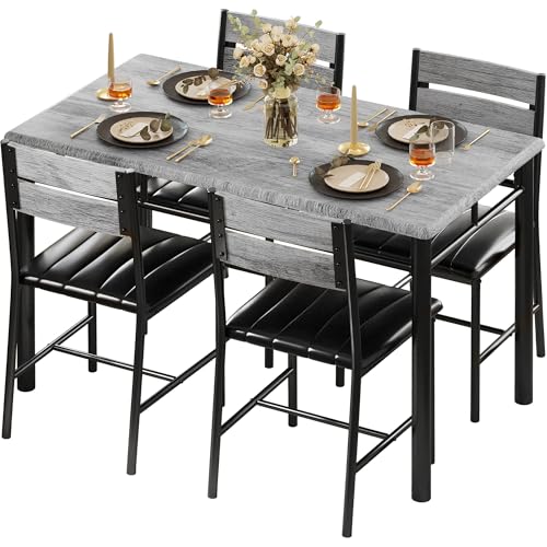 5-Piece Space-Saving Dining Table Set for 4 with Upholstered Chairs, Grey