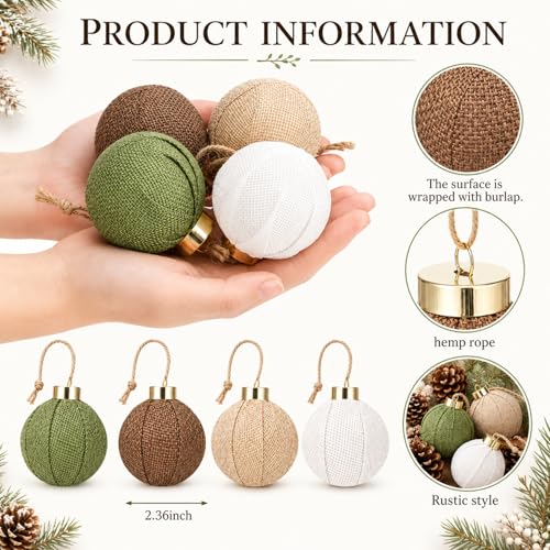 Rustic Burlap Christmas Ornaments Set - 12 Neutral Farmhouse Tree Decorations, Green, Beige, White, Brown