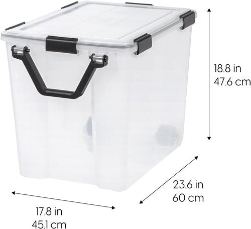 IRIS USA WeatherPro 103 Qt Storage Bins - BPA-Free Plastic with Tight Latch & Seal, 2 Pack - Clear/Black