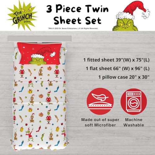 Grinch Twin Sheet Set - Franco The Grinch Officially Licensed 3-Piece Microfiber Bedding (Grinch Greetings)