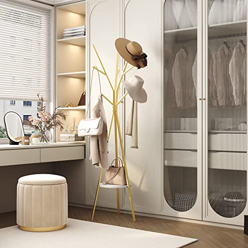 Modern Gold Metal Coat Rack with 9 Hooks and Storage Shelf, 71-Inch Hall Tree