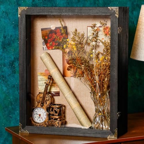 16x20 Inch Deep Shadow Box with Cork Board Backing, Rustic Wood Display Case