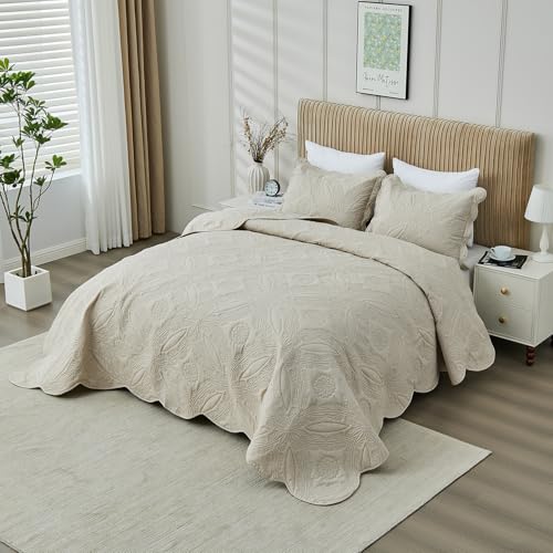 Oversized King Bedspread Set 128x120 - Ultrasonic Quilted Beige Coverlet