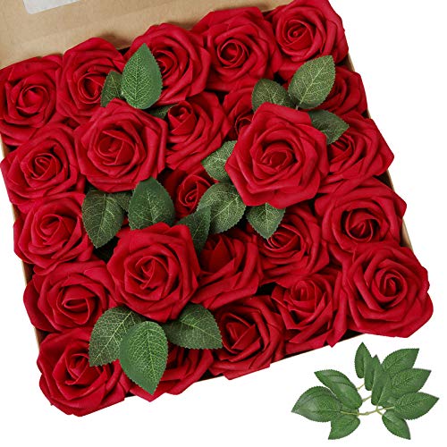 25pcs Dark Red Artificial Roses with Bendable Stems for Decor