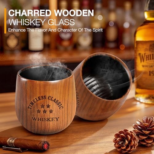 SALUNA 2 Pack Charred Wooden Bourbon Drinking Glasses - Oak Whiskey Tumbler, Personalized Gifts for Men & Dad