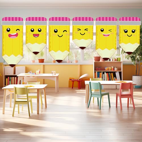 6-Piece Rainbow Pencil Classroom Curtains - School Window Decorations