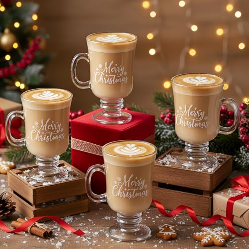 Sliner 6-Piece Irish Coffee Glass Mugs with Holiday Snowflake & Merry Christmas Patterns