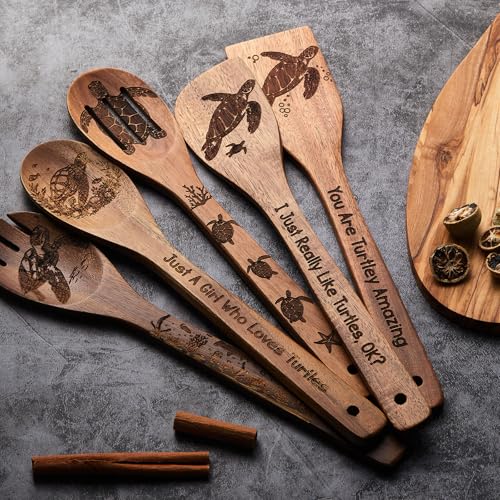 Remerry Sea Turtle Kitchen Gift Set with Acacia Wood Utensils & Apron, Christmas & Mother's Day Gift