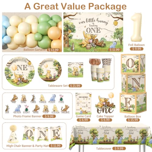 Classic Bear 1st Birthday Party Decorations Set for 25 Guests, 267 Pieces
