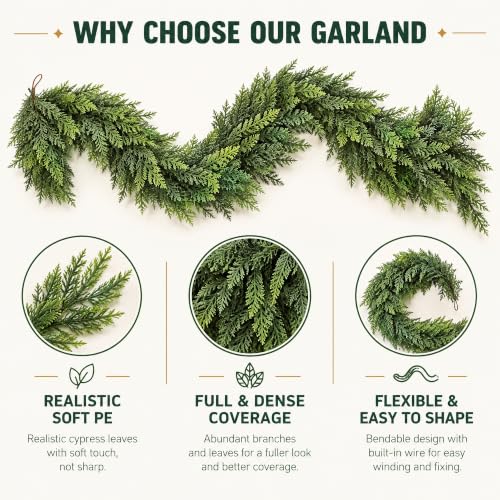 9ft Cedar Garland - Real-Touch Artificial Greenery for Mantel, Staircase & Window Decor