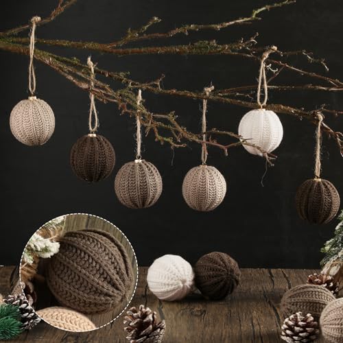 VioraWhite 12 Pack Neutral Christmas Crochet Ball Ornaments 2.36 Inch - Light Beige, Tan, Brown, White