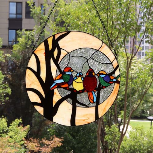 Handmade 16-Inch Round Stained Glass Window Panel - Birds on Tree Branch