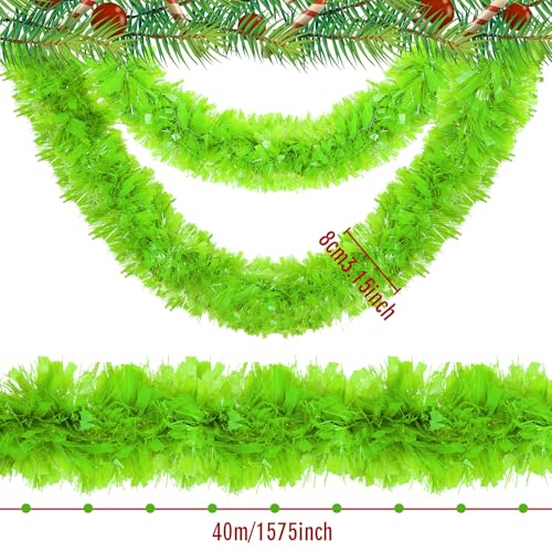Lime Green Metallic Tinsel Garland - 131 Ft Glitter Twist Decor for Christmas