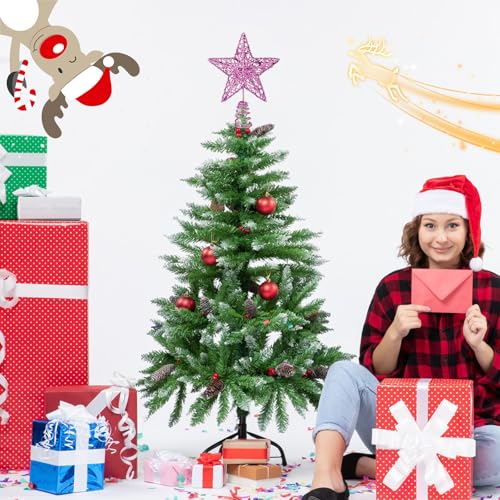KEYIDO Mini Pink Christmas Tree Topper Star for Small 3-4 ft Trees, Glitter 6 Inch