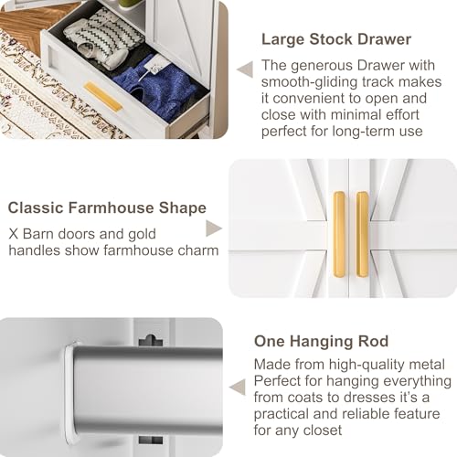 71-Inch Metal Wardrobe Armoire with Hanging Rod and 2 Drawers - White