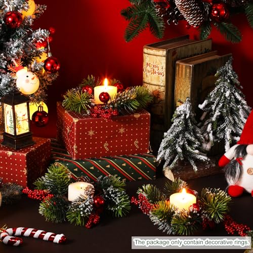 8-Piece Christmas Candle Ring Wreaths with Berry, Pinecone & Poinsettia
