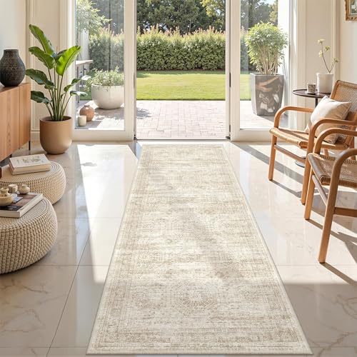 2x8 Washable Non-Slip Hallway Runner Rug - Soft Beige Vintage Carpet