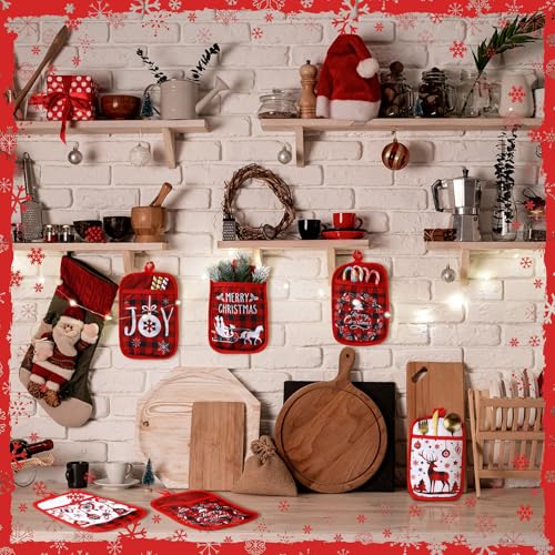 Jingmore 12 Pcs Christmas Pot Holders with Pocket – Classic Red Cotton Oven Mitts