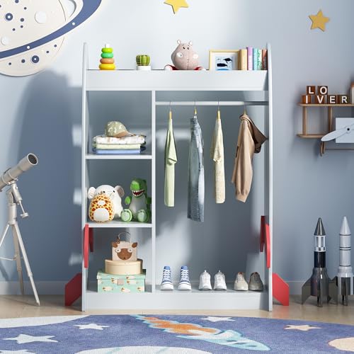 Rocket-Themed Kids Dress Up Wardrobe with Mirror & Storage Shelves