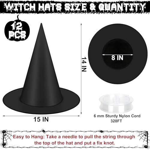 12 PCS Black Floating Witch Hats with Hanging Cord for Halloween Decor