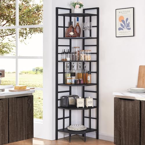 6-Tier Tall Corner Bookshelf, Industrial Metal and Wood Storage Unit